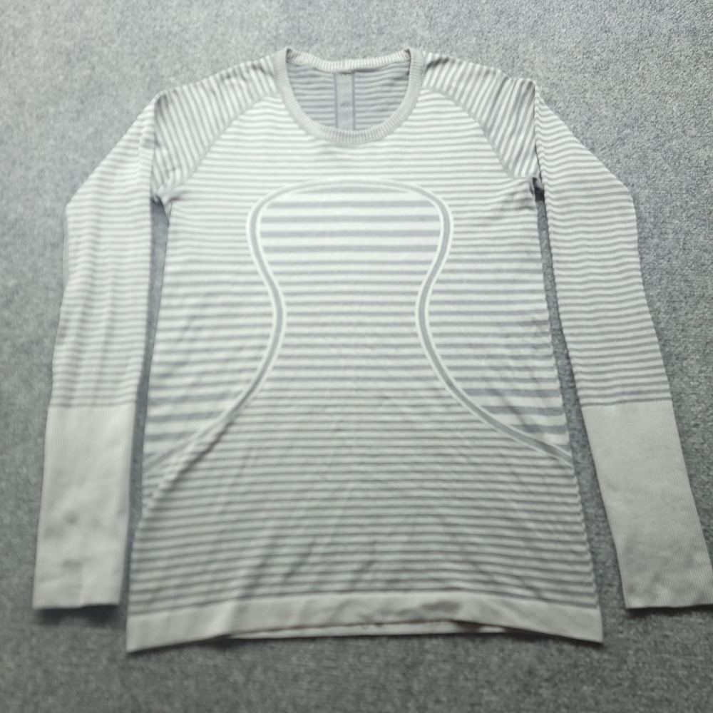 Lululemon‎ Swiftly Tech Long Sleeve Crew Striped Grey White Thumbholes Top